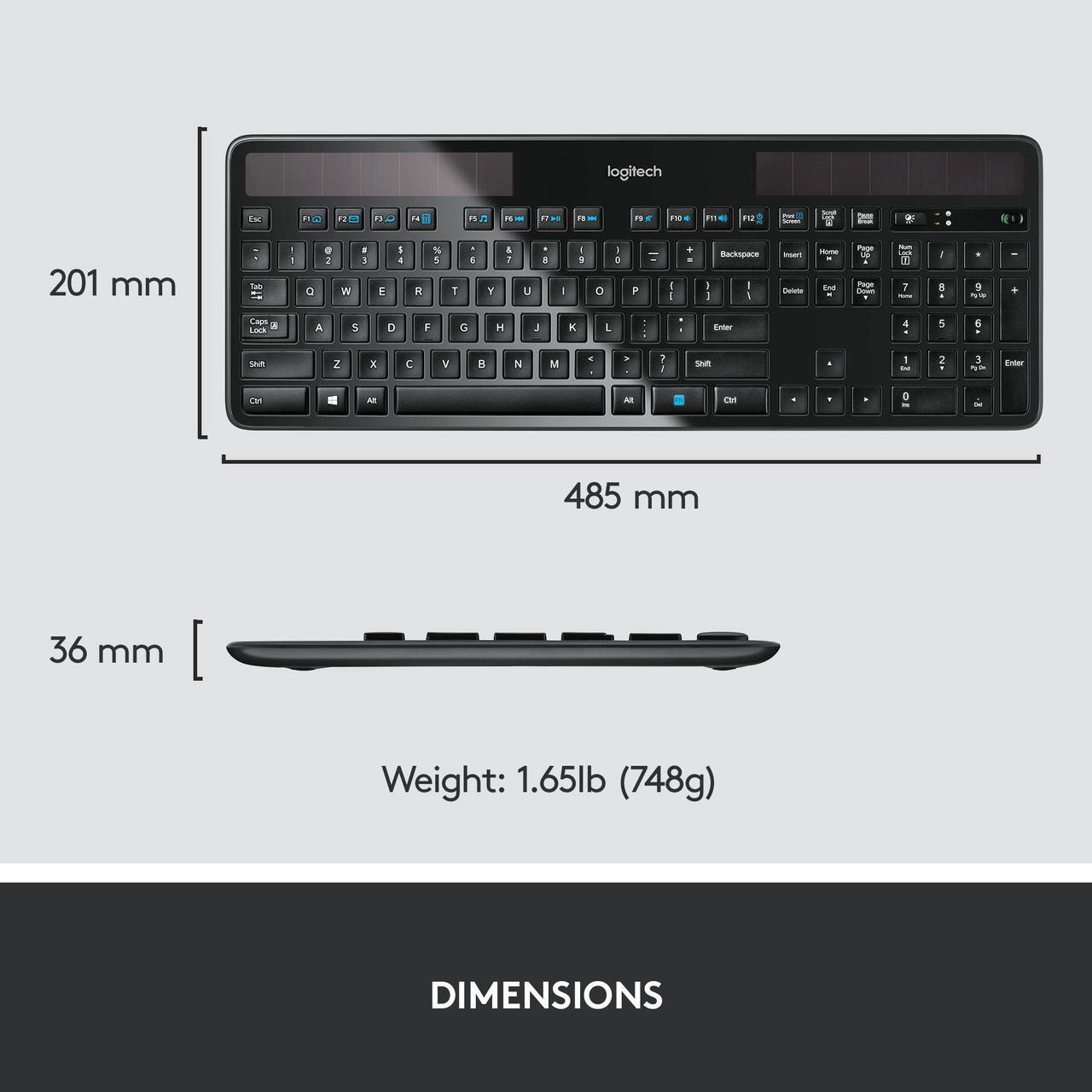 Alt view image 8 of 8 - Logitech K750 Wireless Solar Keyboard for Windows, 2.4GHz Wireless with USB Unifying Receiver, Ultra-Thin, Compatible with PC, Laptop - Black