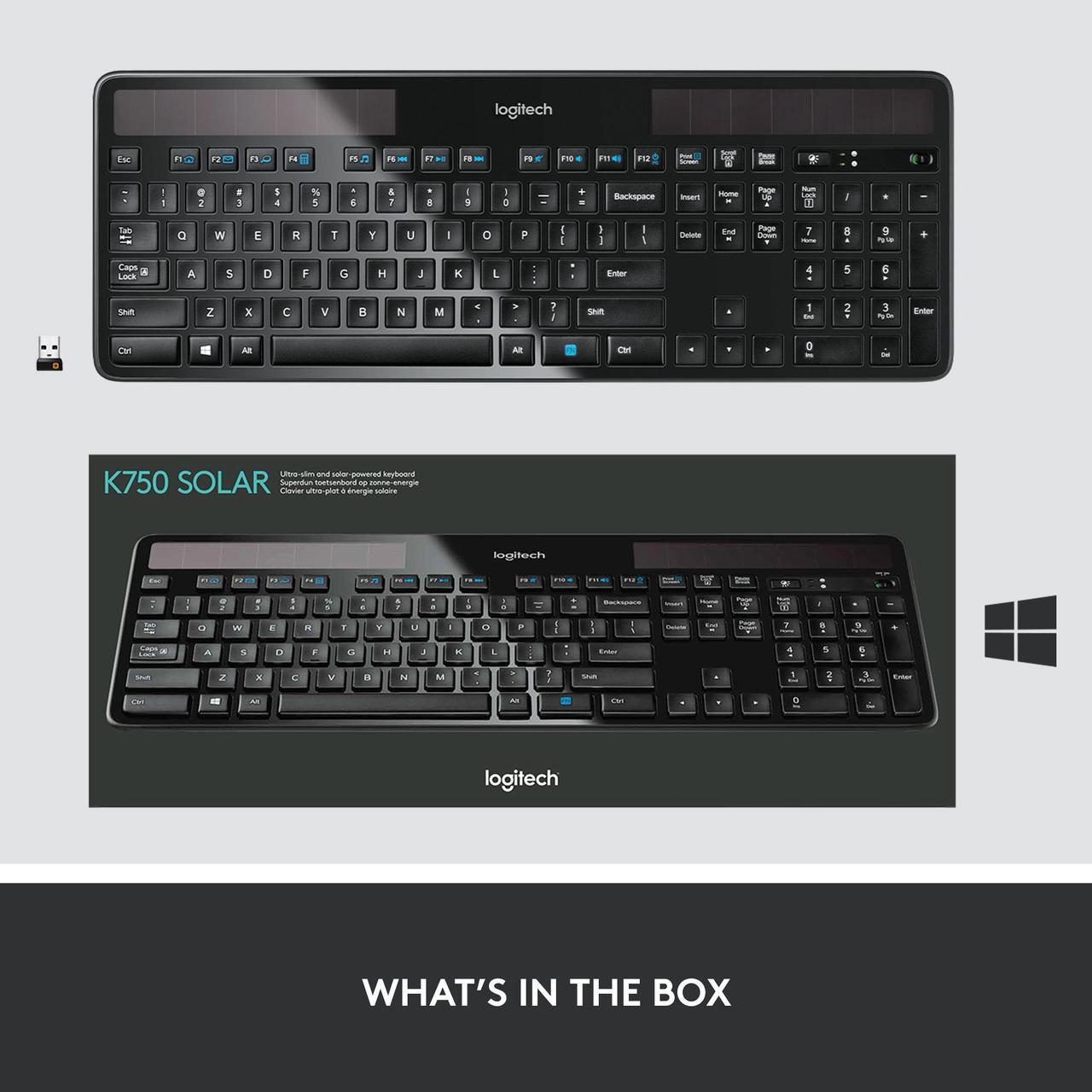 Alt view image 9 of 8 - Logitech K750 Wireless Solar Keyboard for Windows, 2.4GHz Wireless with USB Unifying Receiver, Ultra-Thin, Compatible with PC, Laptop - Black