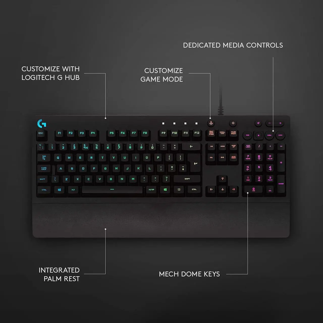 Alt view image 8 of 11 - Logitech G213 Wired Gaming Keyboard w/ Dedicated Media Controls - Tactile Mech-Dome keyswitches, 16.8 Million Lighting Colors, Backlit Keys, Spill-Resistant, and Durable Design - Black