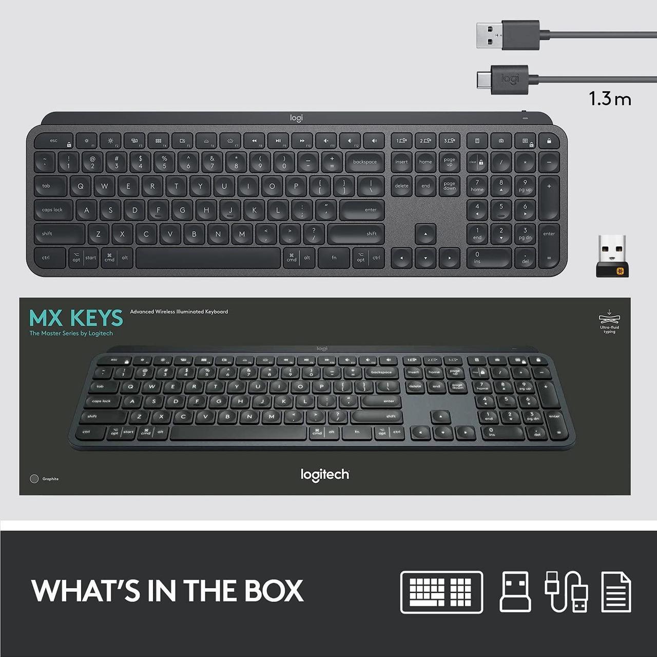 Alt view image 13 of 13 - Logitech MX Keys Advanced Wireless Illuminated Keyboard, Backlighting, Bluetooth, USB-C, Apple macOS, Microsoft Windows, Linux, iOS, Android, Metal Build - Black