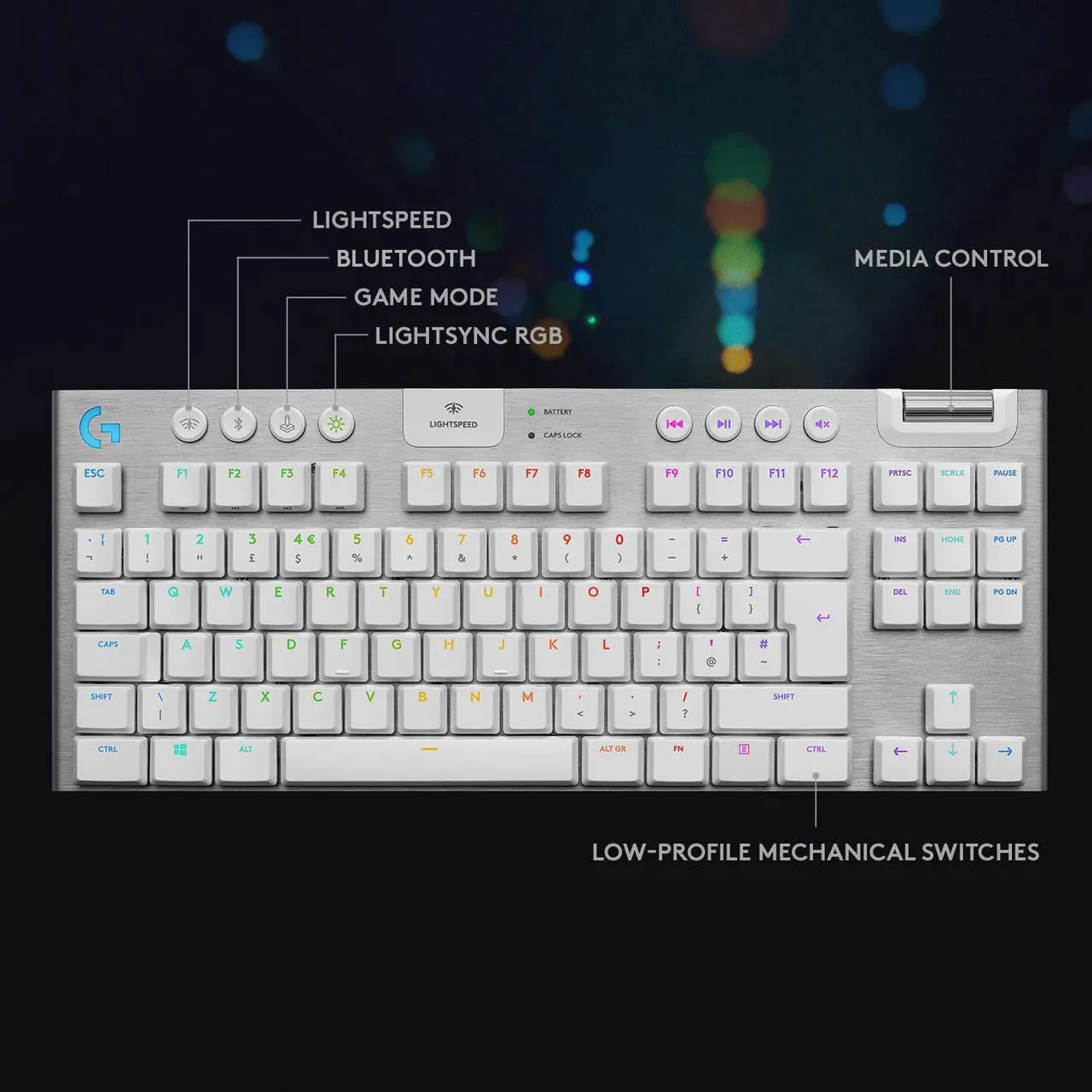 Alt view image 7 of 10 - Logitech G915 TKL White Tactile Tenkeyless LIGHTSPEED Wireless RGB Mechanical Gaming Keyboard, Low Profile Switch Options, LIGHTSYNC RGB, Advanced Wireless and Bluetooth Support