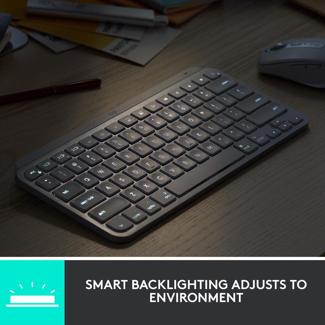 Alt view image 7 of 12 - Logitech MX Keys Mini Minimalist Wireless Illuminated Keyboard, Compact, Bluetooth, Backlit, USB-C, Compatible with Apple macOS, iOS, Windows, Linux, Android, Metal Build - BLACK