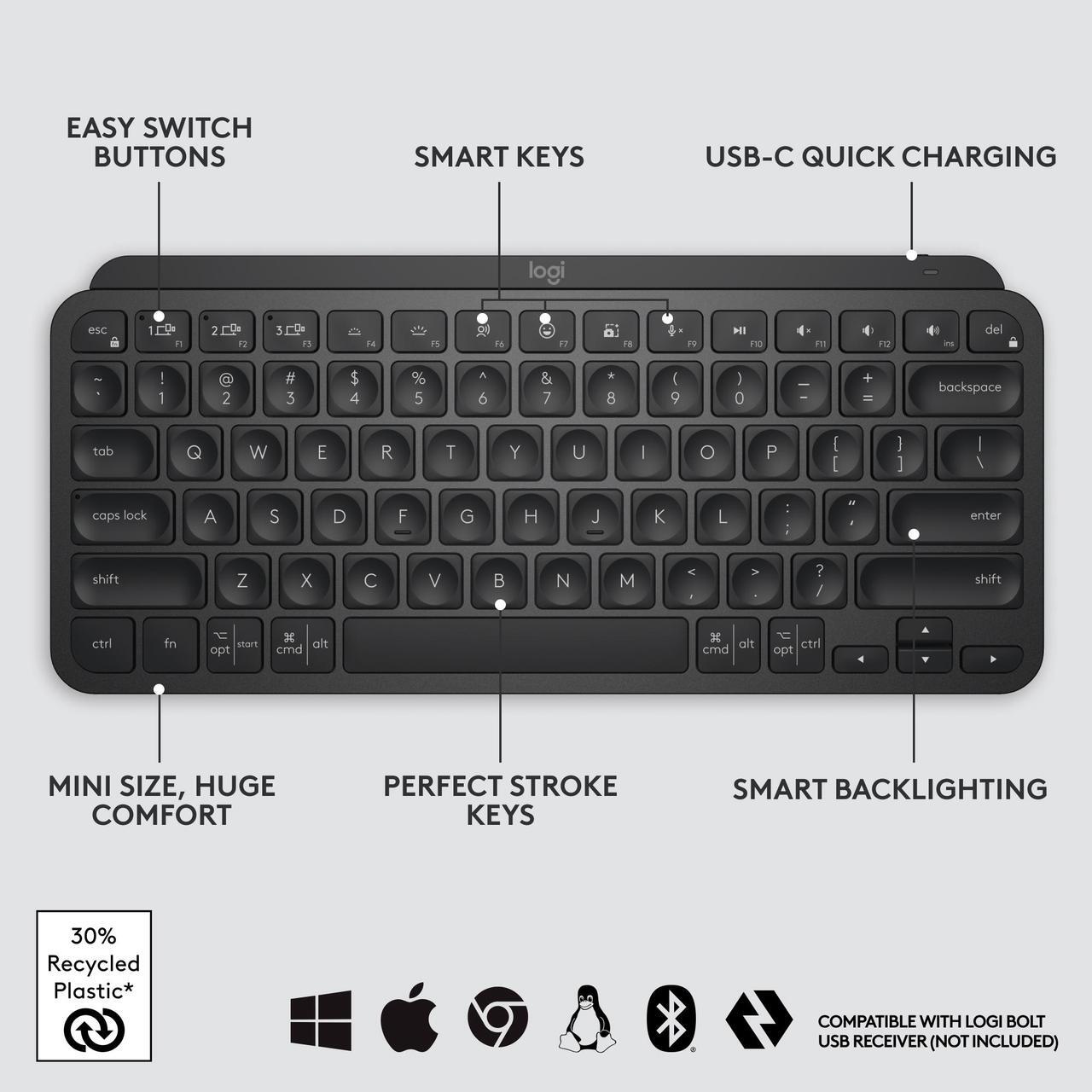 Alt view image 3 of 12 - Logitech MX Keys Mini Minimalist Wireless Illuminated Keyboard, Compact, Bluetooth, Backlit, USB-C, Compatible with Apple macOS, iOS, Windows, Linux, Android, Metal Build - BLACK