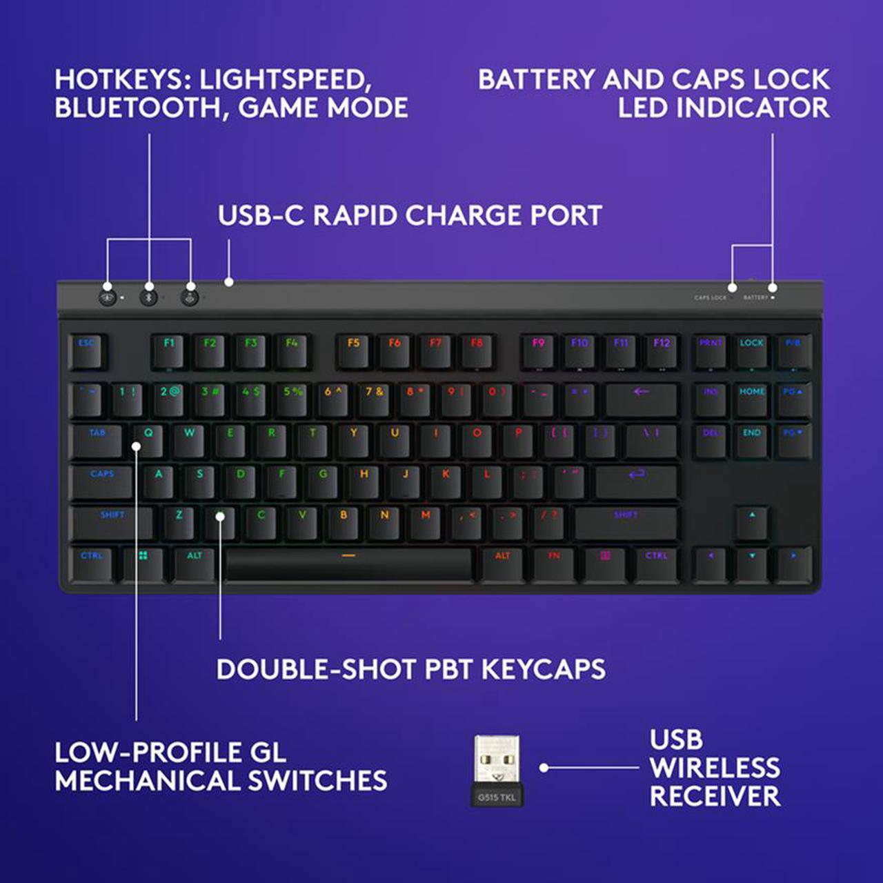 Alt view image 6 of 8 - Logitech G515 LIGHTSPEED TKL Low Profile Wireless Gaming Keyboard, LIGHTSYNC RGB, Thin Tenkeyless Design, PBT Keycaps, Tactile (Brown) Mechanical Switches - Black