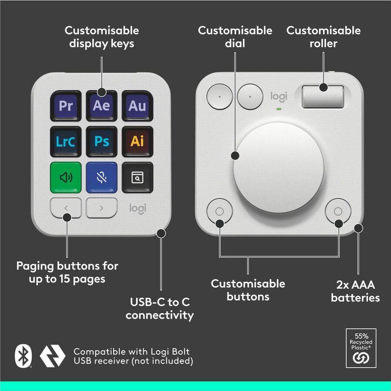 Alt view image 2 of 6 - Logitech MX Creative Console Keypad & Dial Pale Gray Bluetooth Wireless Keyboard   920-012661