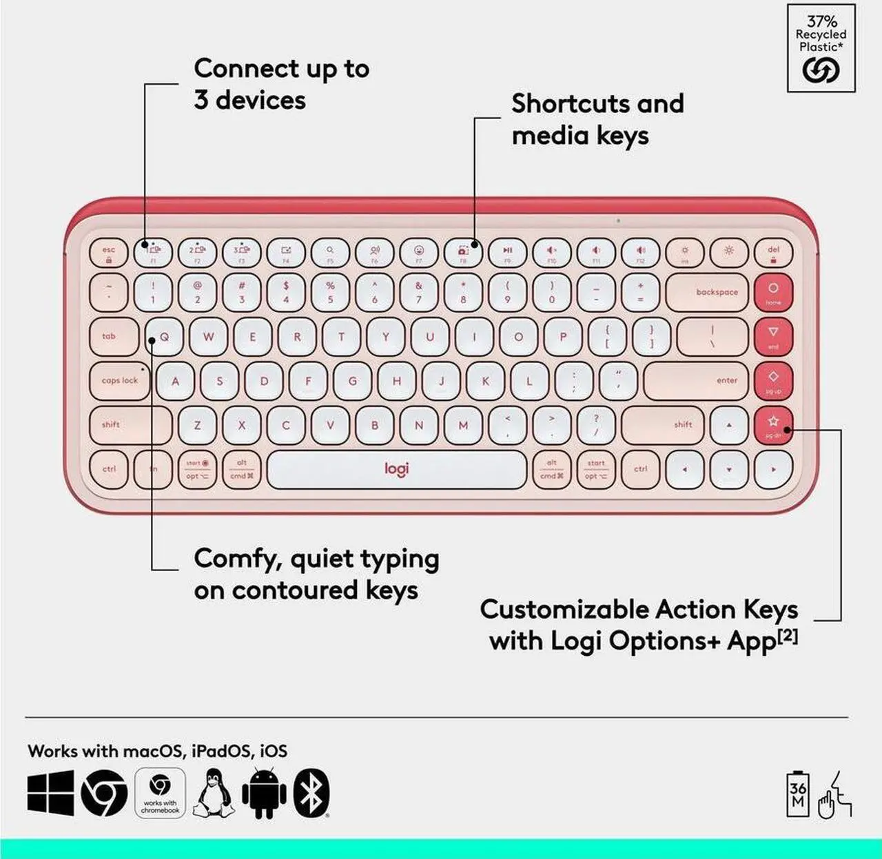 Alt view image 2 of 7 - Logitech POP ICON KEYS Wireless Bluetooth Keyboard, Comfortable Typing, Programmable Keys, Easy-Switch Between up to 3 Devices, for Laptop, Tablet, PC