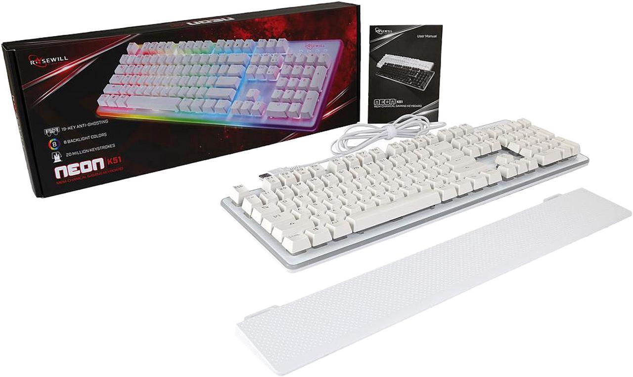 Alt view image 8 of 7 - Rosewill NEON K51W Wired Mechanical Gaming Keyboard, Hybrid Membrane Mechanical Switches, 8 RGB LED Backlight Effects, 19-Key Anti-Ghosting, Ergonomic, White