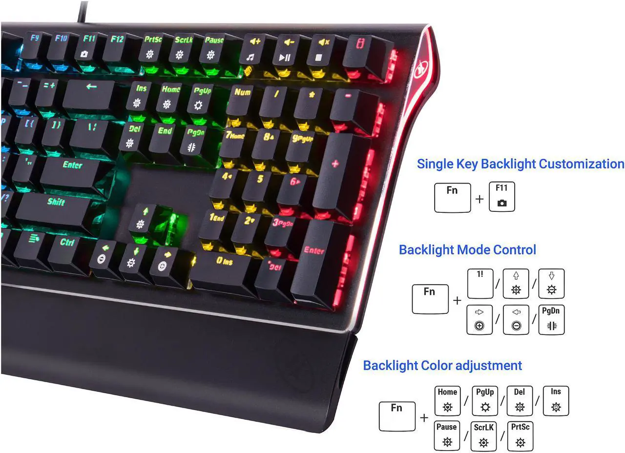 Alt view image 7 of 14 - Rosewill NEON K85 RGB Wired Mechanical Gaming Keyboard, Kailh Blue Switches, 10 RGB LED Backlight Effects with Additional Luminescence, 104 Keys, NKRO, Anti-Ghosting, Multimedia Control Keys