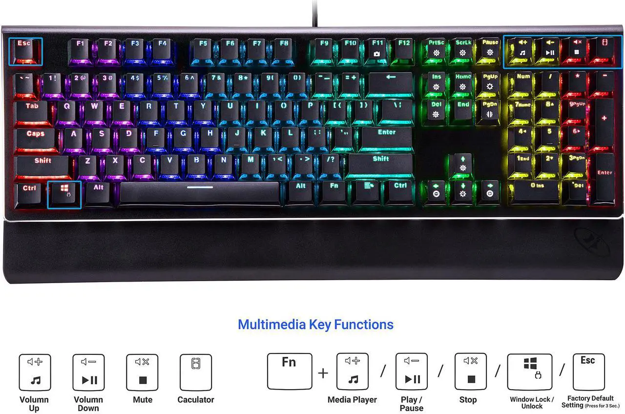 Alt view image 8 of 14 - Rosewill NEON K85 RGB Wired Mechanical Gaming Keyboard, Kailh Blue Switches, 10 RGB LED Backlight Effects with Additional Luminescence, 104 Keys, NKRO, Anti-Ghosting, Multimedia Control Keys