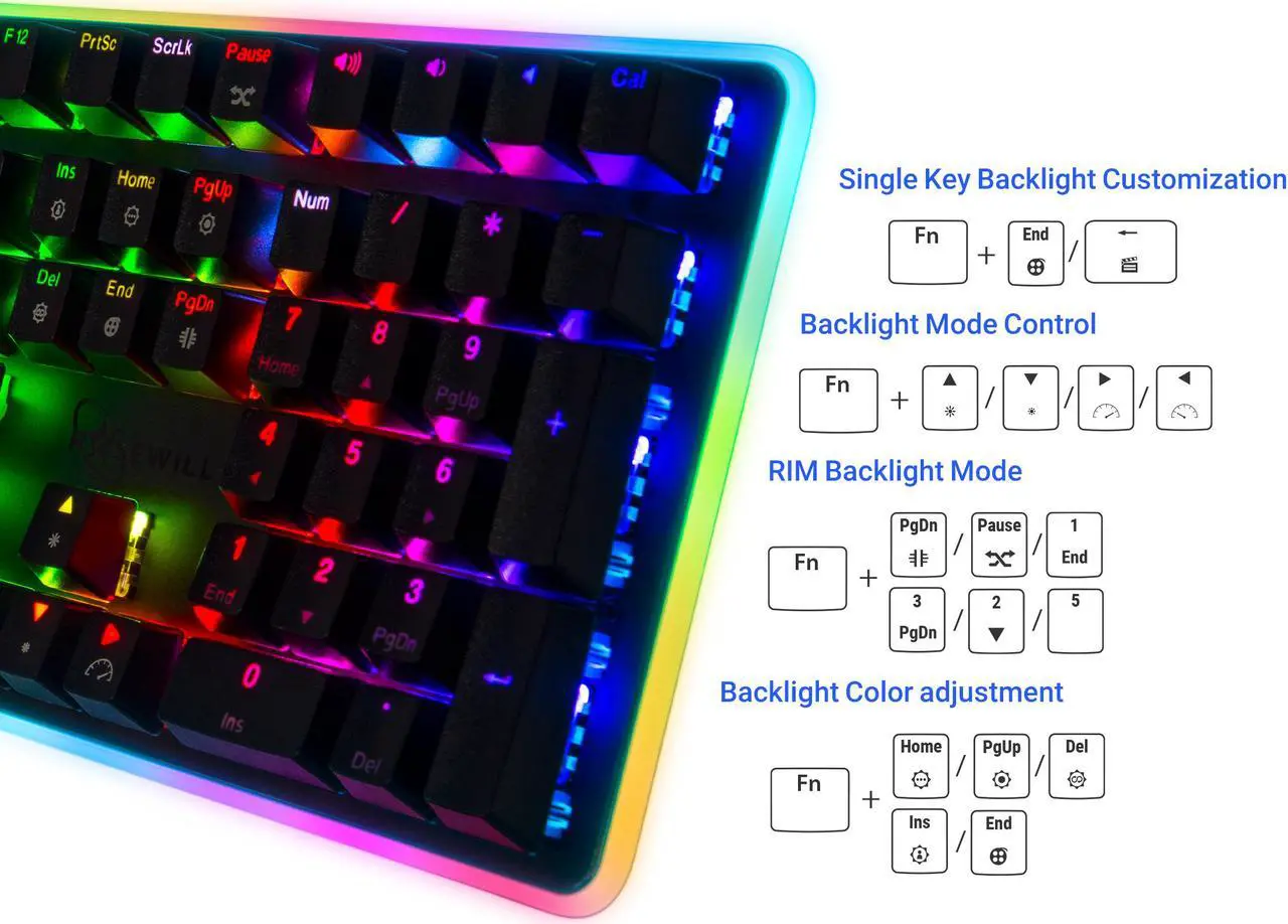 Alt view image 7 of 9 - Rosewill NEON K81 RGB BR Wired Mechanical Gaming Keyboard, Kailh Brown Switches, 22 RGB LED Backlight Effects, 108 Keys, NKRO, Vivid Customizable Rim Backlights, Macro Hotkeys