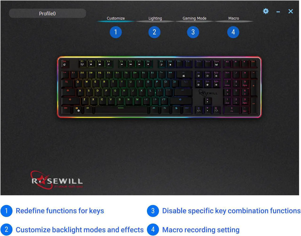 Alt view image 9 of 9 - Rosewill NEON K81 RGB BR Wired Mechanical Gaming Keyboard, Kailh Brown Switches, 22 RGB LED Backlight Effects, 108 Keys, NKRO, Vivid Customizable Rim Backlights, Macro Hotkeys
