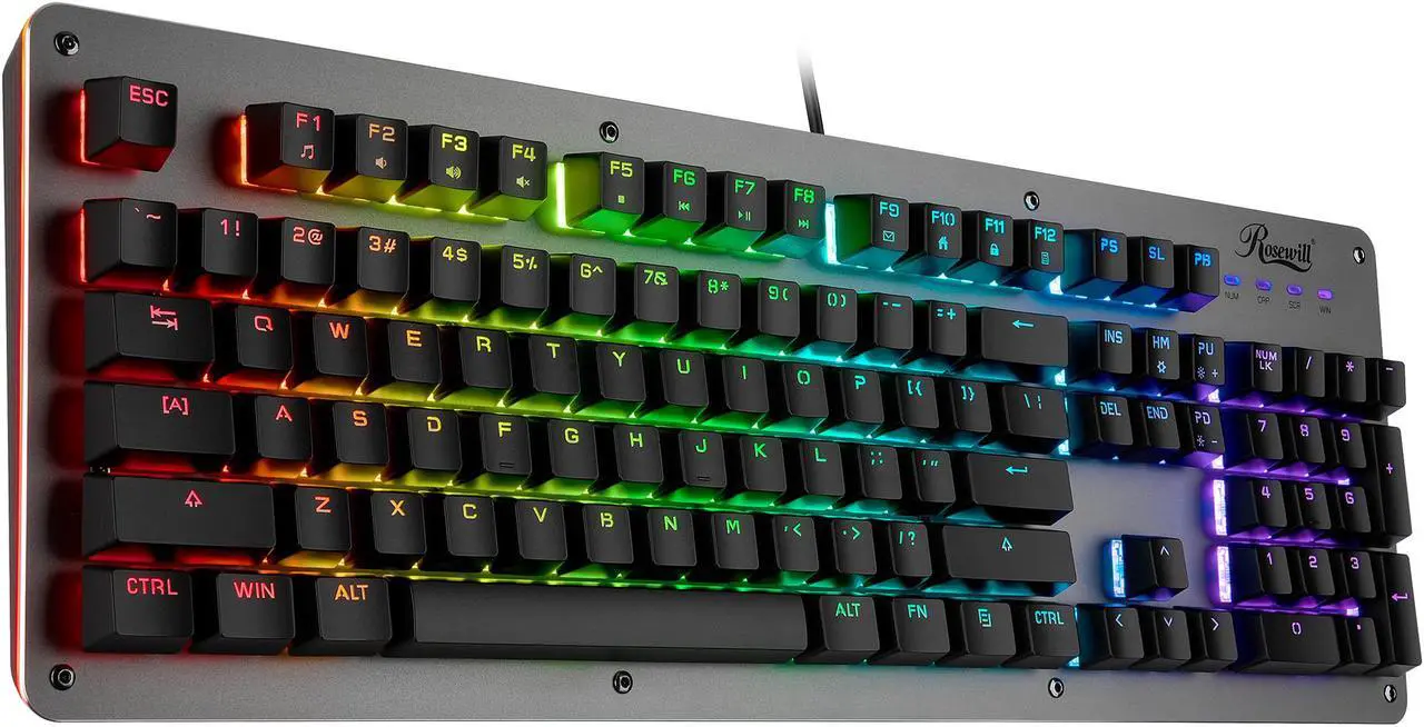 Alt view image 4 of 7 - Rosewill NEON K52 Wired Waterproof Gaming Keyboard, Mem-chanical Switches, 8 RGB LED Backlight Effects, 104 Keys, 19-Key Anti-Ghosting, 12 Multimedia Hotkeys, Spill-Proof Dust-Proof Aluminum Plate