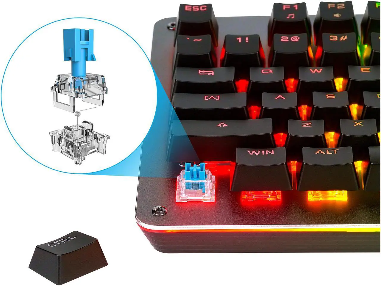 Alt view image 5 of 7 - Rosewill NEON K52 Wired Waterproof Gaming Keyboard, Mem-chanical Switches, 8 RGB LED Backlight Effects, 104 Keys, 19-Key Anti-Ghosting, 12 Multimedia Hotkeys, Spill-Proof Dust-Proof Aluminum Plate