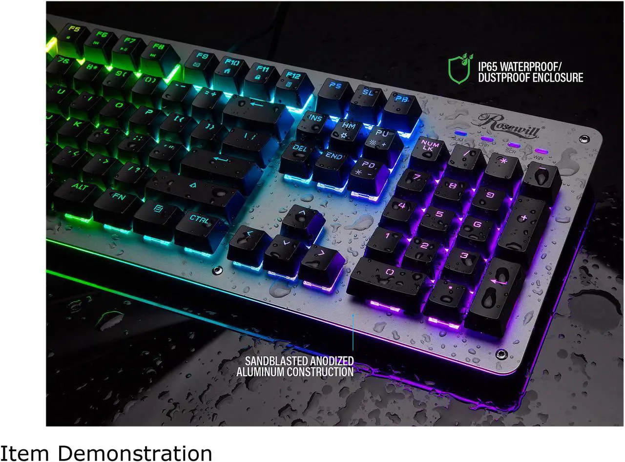 Alt view image 6 of 7 - Rosewill NEON K52 Wired Waterproof Gaming Keyboard, Mem-chanical Switches, 8 RGB LED Backlight Effects, 104 Keys, 19-Key Anti-Ghosting, 12 Multimedia Hotkeys, Spill-Proof Dust-Proof Aluminum Plate