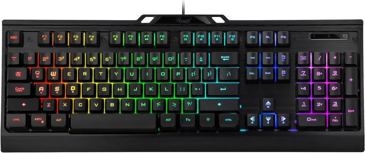 Alt view image 2 of 8 - Rosewill NEON K54 Wired Membrane Gaming Keyboard, 9 RGB LED Backlight Effects, 104 Keys, 19-Key Anti-Ghosting, WASD and Arrow Keys Exchange, 8 Multimedia Hotkeys, Slim Profile Floating Keycaps