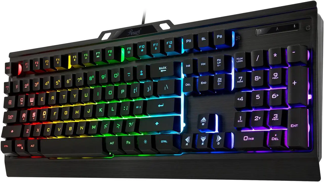 Main image of Rosewill NEON K54 Wired Membrane Gaming Keyboard, 9 RGB LED Backlight Effects, 104 Keys, 19-Key Anti-Ghosting, WASD and Arrow Keys Exchange, 8 Multimedia Hotkeys, Slim Profile Floating Keycaps