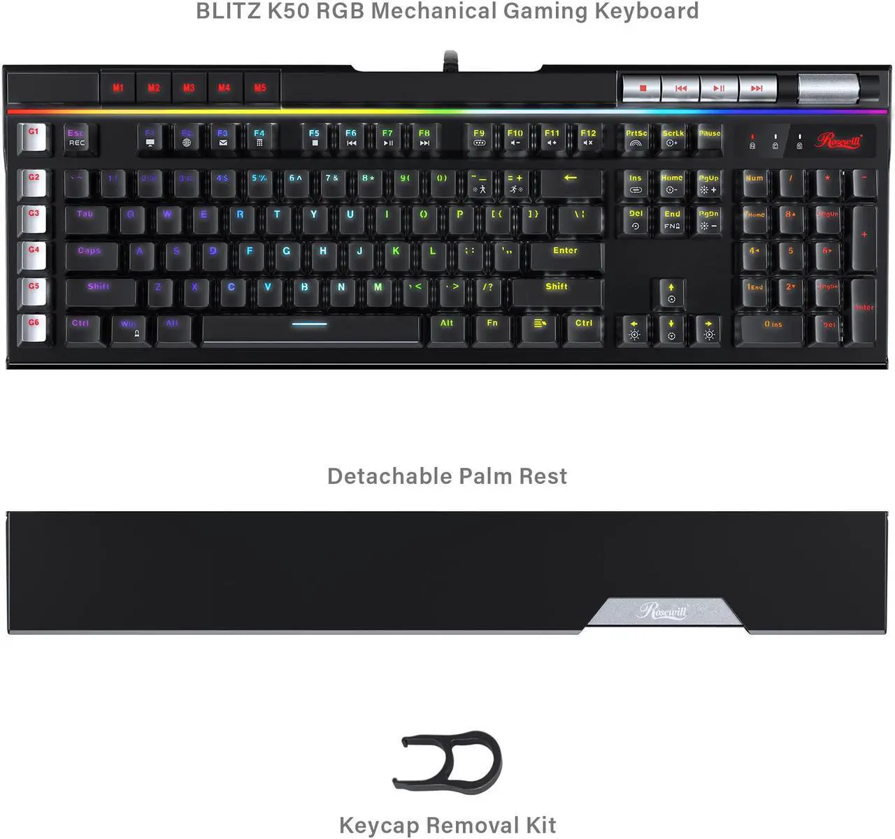 Alt view image 6 of 7 - Rosewill Blitz K50 RGB BR Wired Gaming Tactile Mechanical Keyboard, Outemu Brown Switches, 14 RGB LED Backlight Effects, NKRO, Anti-Ghosting, 6  Macro Keys, Dedicated Media Controls, USB Passthrough