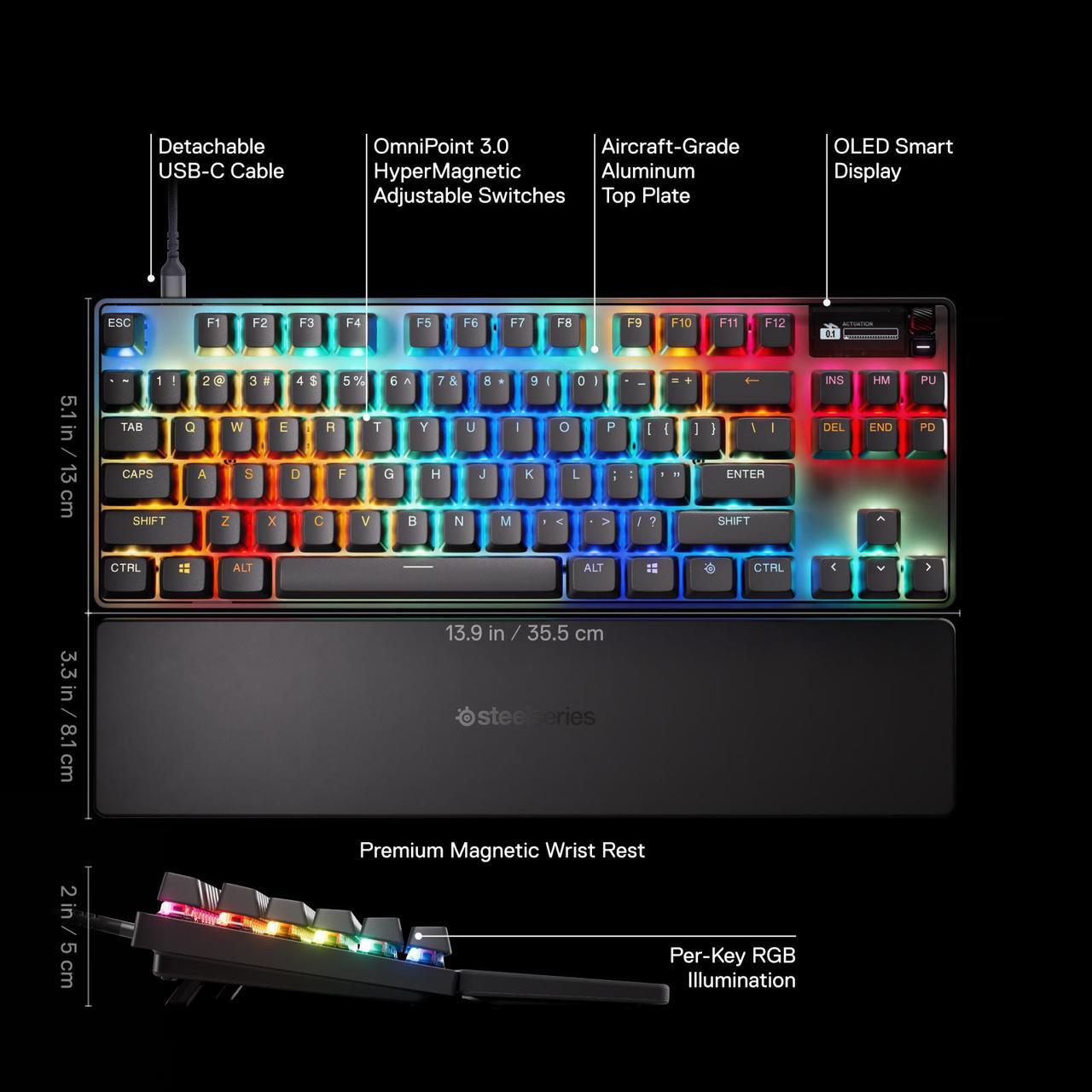 Alt view image 7 of 13 - SteelSeries Apex Pro TKL Gen 3 OmniPoint 3.0 HyperMagnetic Switches, Adjustable Actuation, Rapid Trigger, Game-Ready Presets, Protection Mode, Rapid Tap/SOCD, OLED, RGB, PBT Keycaps, USB-C