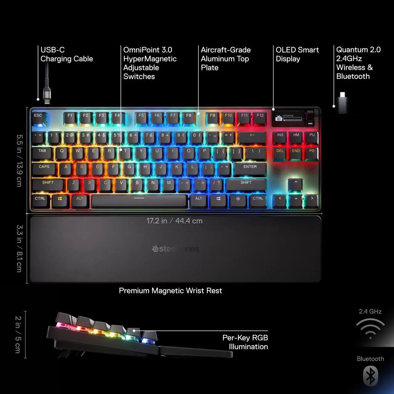 Alt view image 10 of 11 - SteelSeries Apex Pro TKL Wireless Gen 3 OmniPoint 3.0 HyperMagnetic Switches, Adjustable Actuation, Rapid Trigger, Game-Ready Presets, Protection Mode, Rapid Tap/SOCD, Dual Wireless, OLED