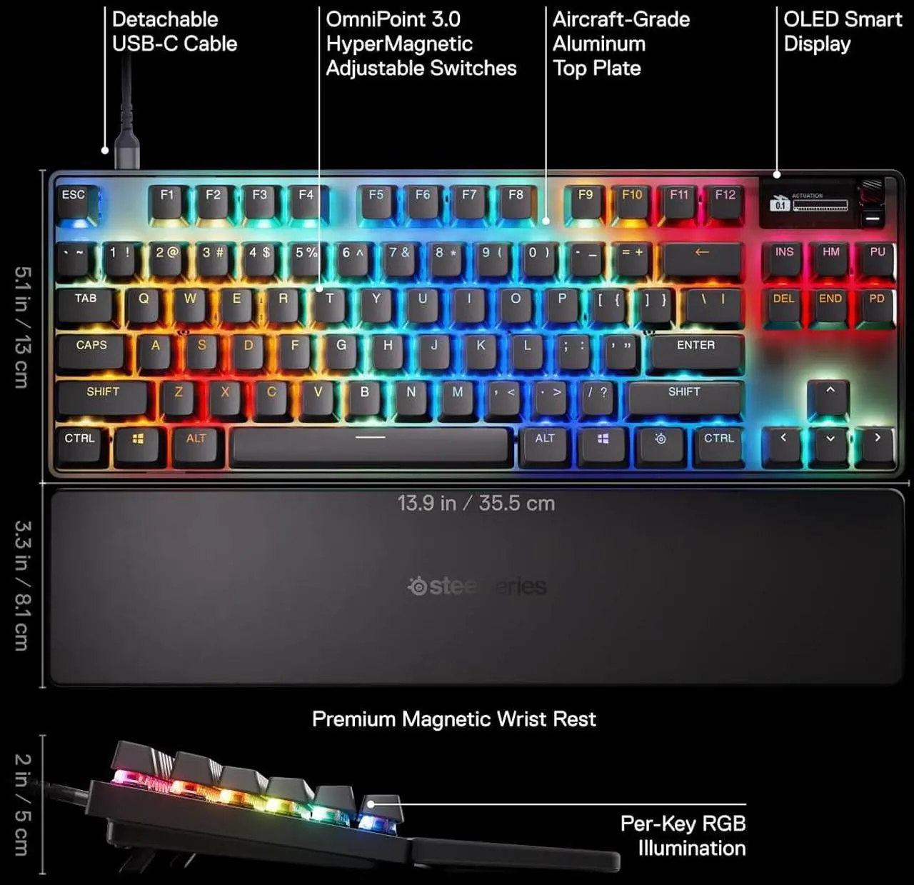 Alt view image 2 of 6 - SteelSeries Apex Pro TKL Gen 3 Gaming Keyboard - OmniPoint 3.0 HyperMagnetic Switches, Adjustable Actuation, Rapid Trigger, Game-Ready Presets, Rapid Tap/SOCD, OLED, RGB, PBT Keycaps, USB-C