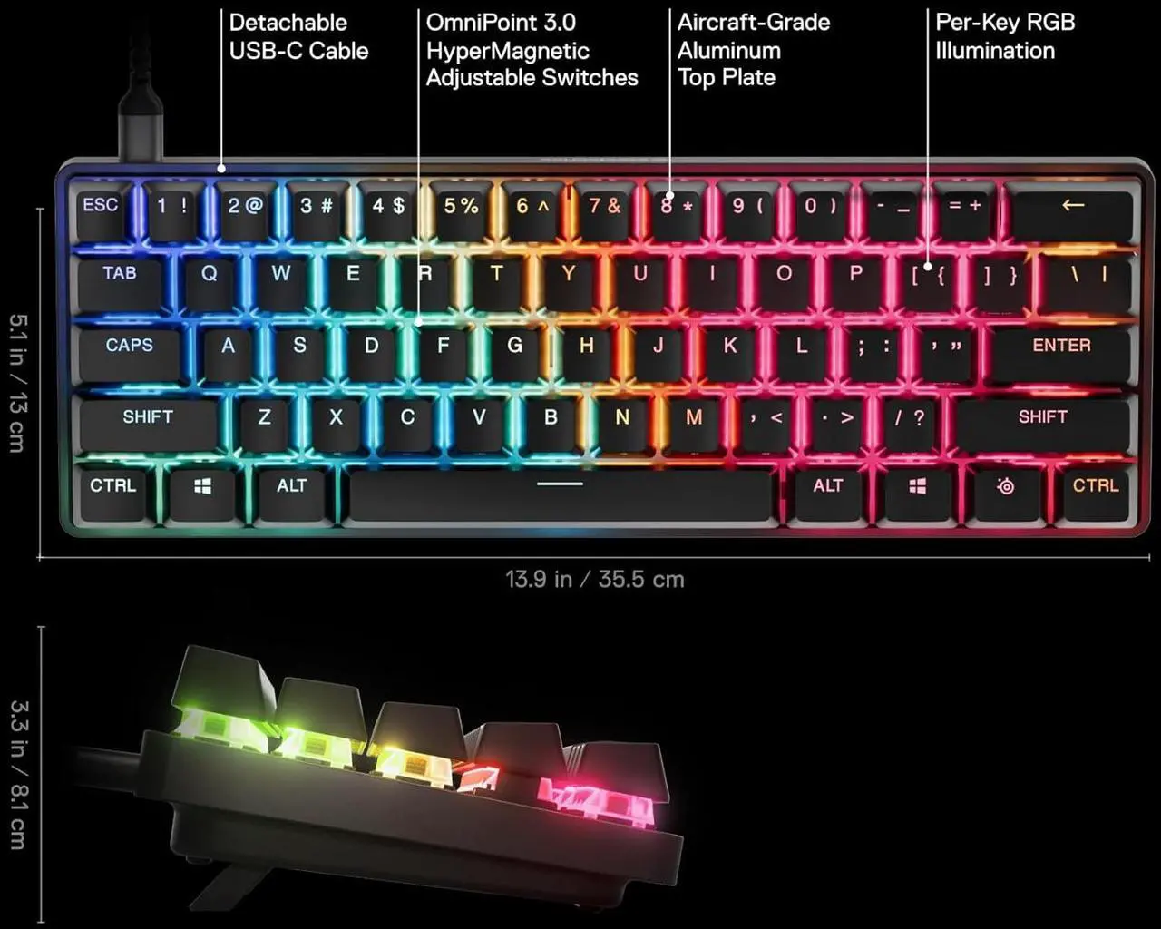 Alt view image 2 of 7 - SteelSeries Apex Pro Mini Gen 3 Gaming Keyboard - OmniPoint 3.0 HyperMagnetic Switches, Adjustable Actuation, Rapid Trigger, Game-Ready Presets, Rapid Tap/SOCD, RGB, PBT Keycaps, USB-C