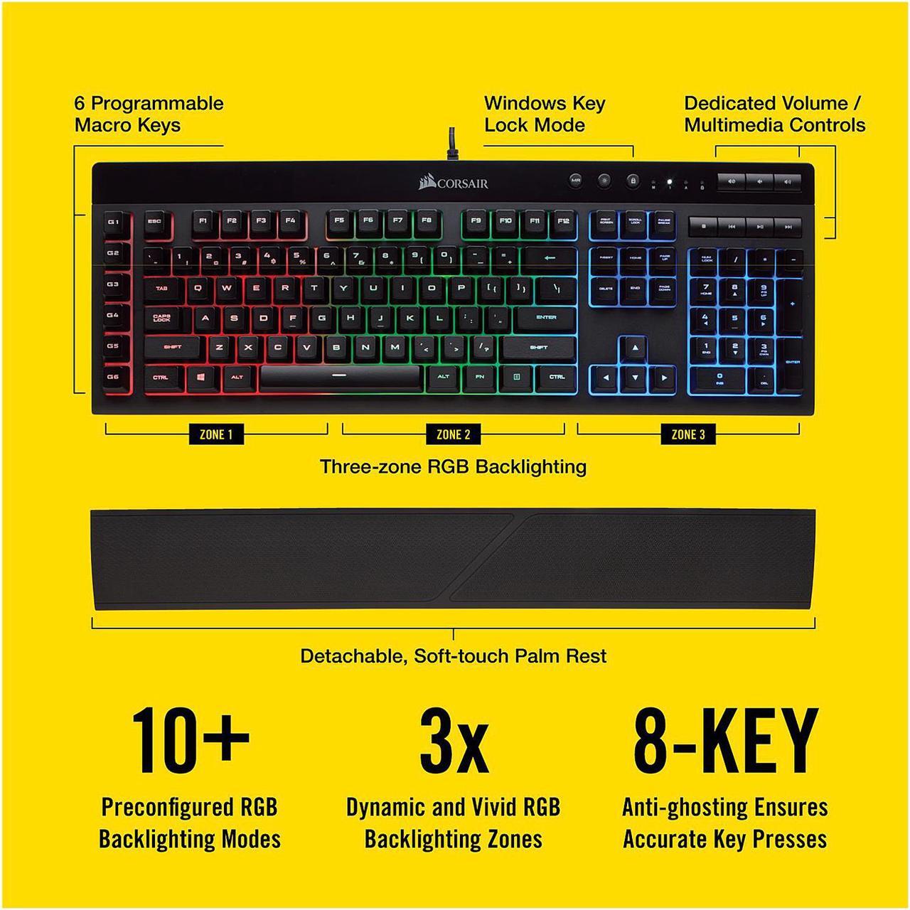 Alt view image 5 of 12 - Corsair Gaming K55 RGB Keyboard, Backlit RGB LED