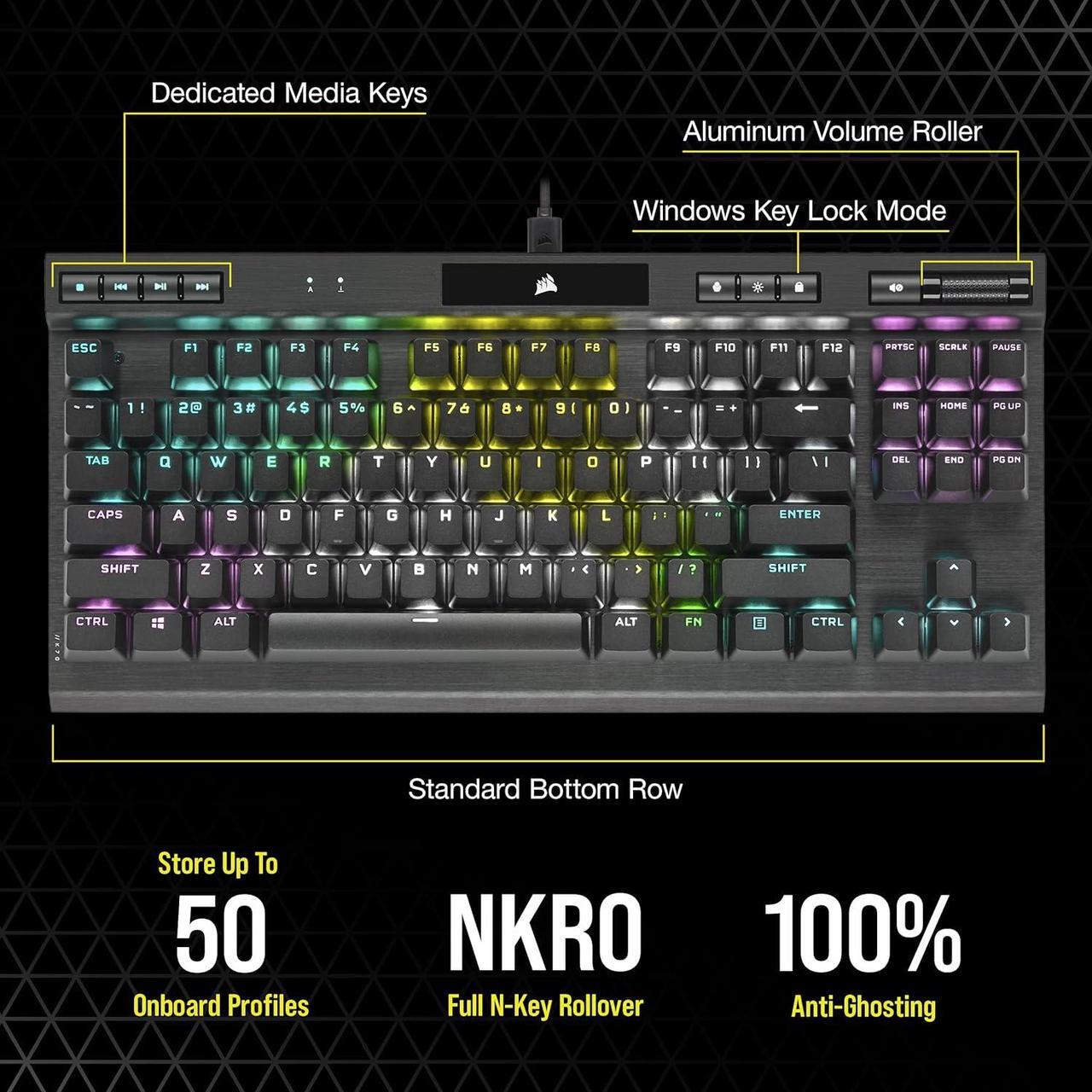 Alt view image 11 of 11 - Corsair K70 RGB TKL CHAMPION SERIES Optical-Mechanical Gaming Keyboard - OPX RGB Switches, PBT Double-Shot Keycaps, Detachable USB-C Cable - Black