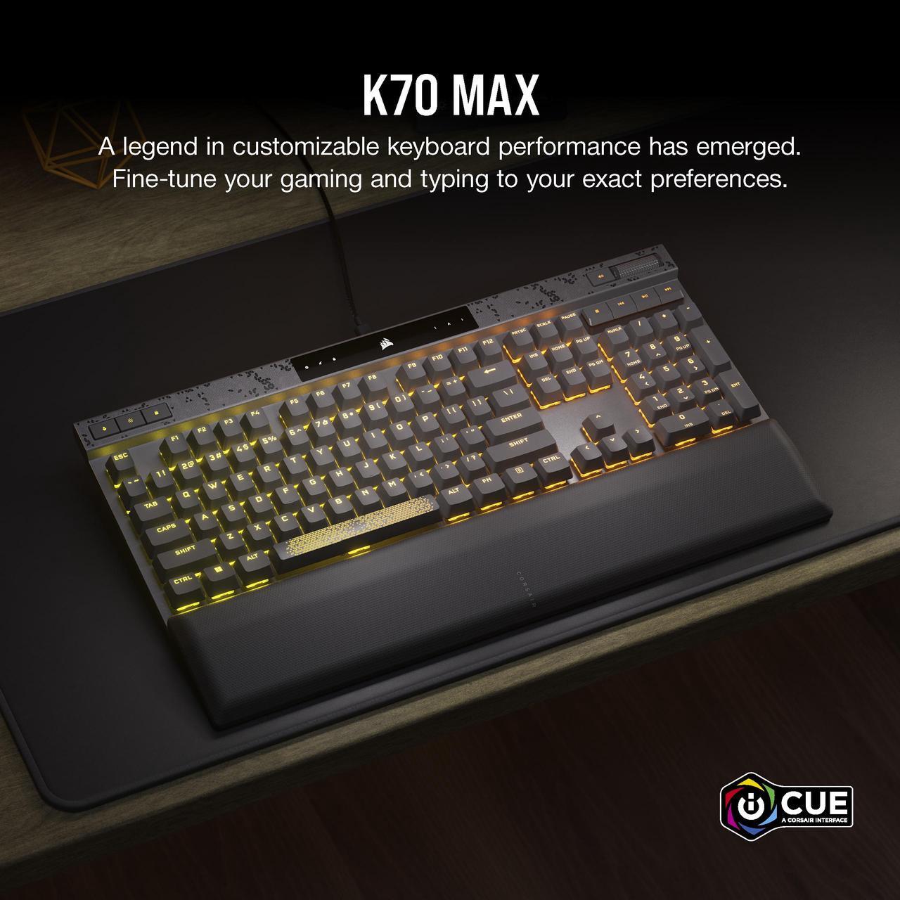 Alt view image 2 of 20 - CORSAIR K70 MAX RGB Magnetic-Mechanical Gaming Keyboard, Adjustable CORSAIR MGX Switches, Dedicated Media Controls, CORSAIR AXON, Aluminum Frame, Steel Gray