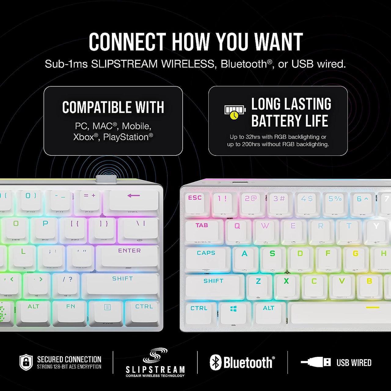 Alt view image 8 of 14 - Corsair K70 PRO MINI WIRELESS RGB 60% Mechanical Gaming Keyboard - Fastest Sub-1ms Wireless, Swappable CHERRY MX Red Keyswitches, Aluminum Frame, PBT Double-Shot Keycaps - NA Layout, QWERTY - White