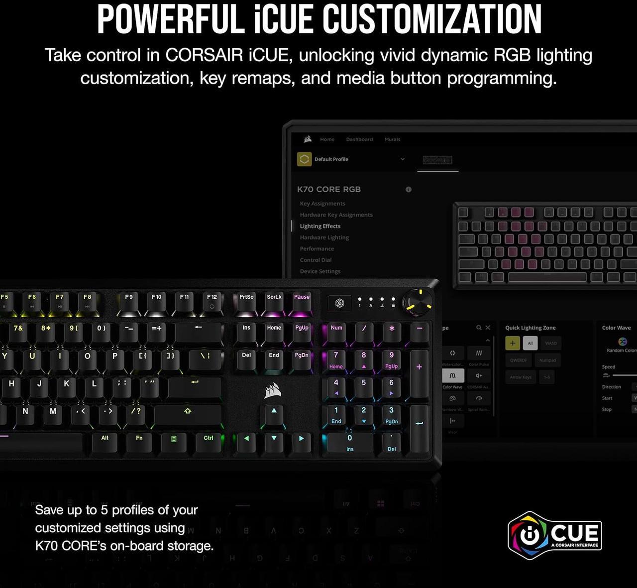 Alt view image 9 of 15 - CORSAIR K70 CORE RGB Mechanical Gaming Keyboard - CORSAIR Red Linear Switches - Sound Dampening - Rotary Dial - Aluminum Top Plate - Onboard Storage - Black