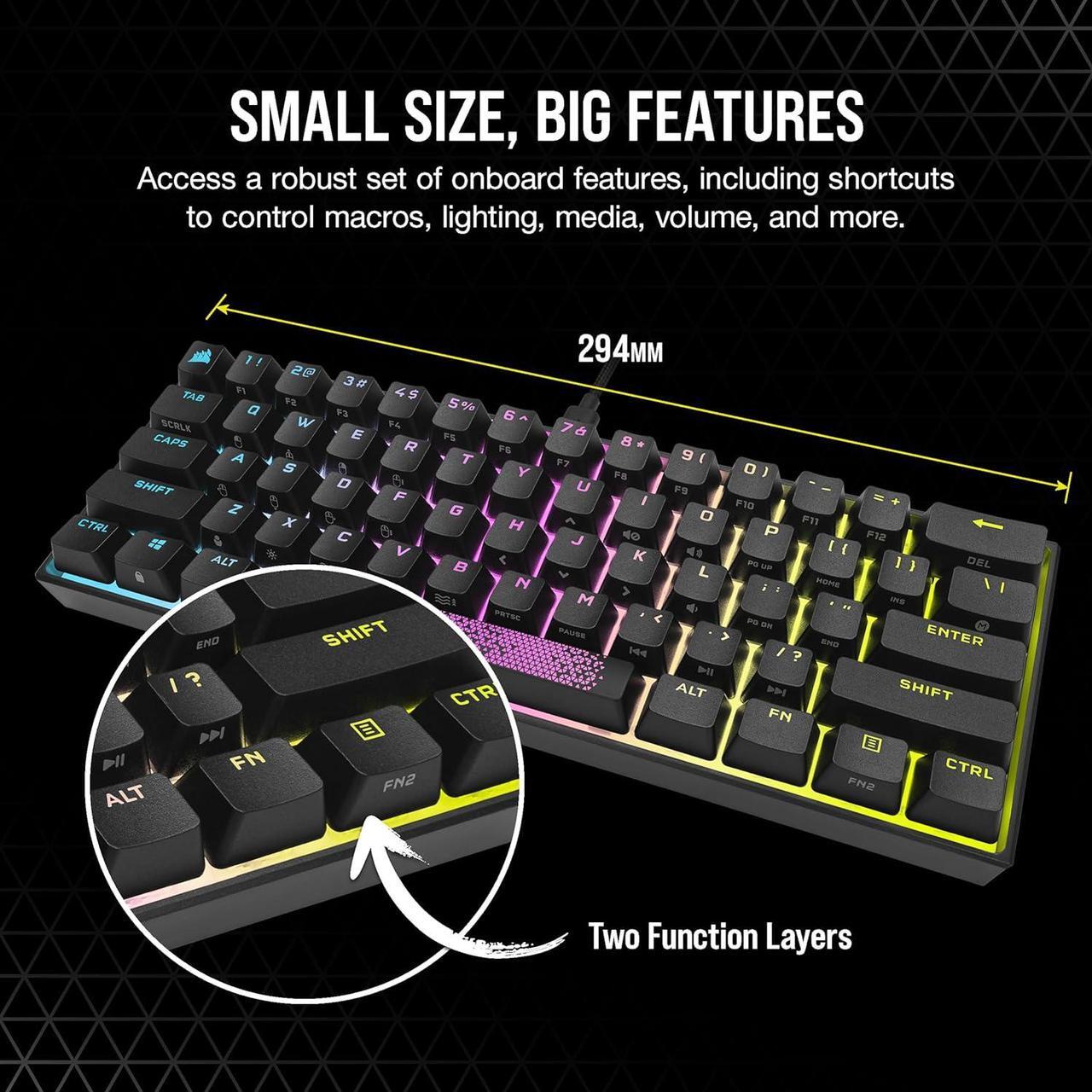Alt view image 3 of 9 - Corsair K65 RGB Mini 60% Mechanical Gaming Keyboard - Cherry MX Brown Mechanical Keyswitches - Customizable Per-Key RGB Backlighting - Detachable USB Type-C Cable - QWERTY NA Layout - Black