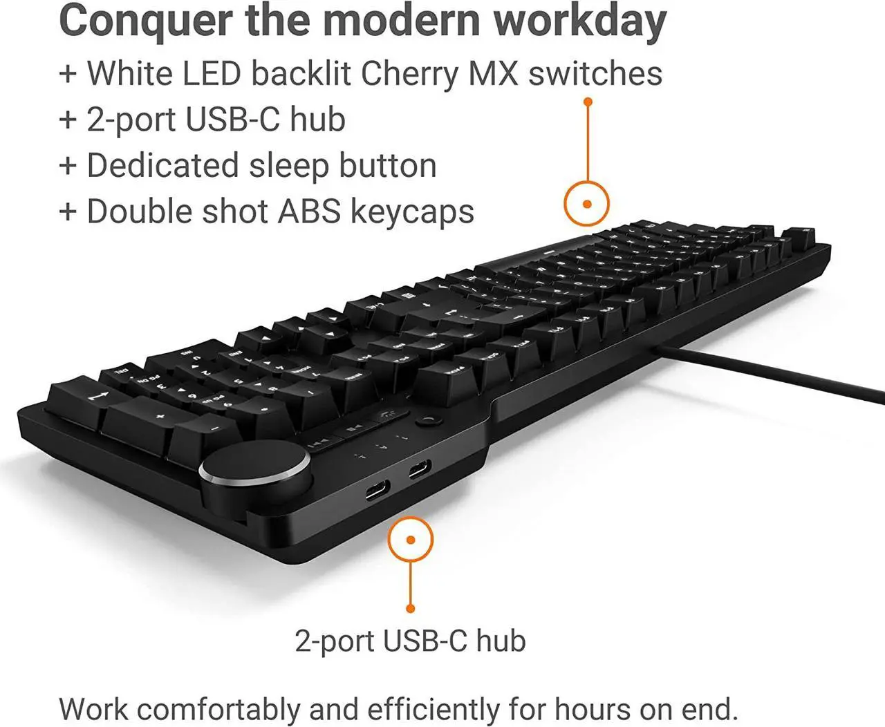 Alt view image 3 of 6 - Das Keyboard 6 Professional Backlit Wired Mechanical Keyboard – Tactile Cherry MX Brown Switches, Shine-Through Keycaps, 2-Port USB C Hub, Media Controls, Durable Aluminum Enclosure, Volume Knob, NKRO