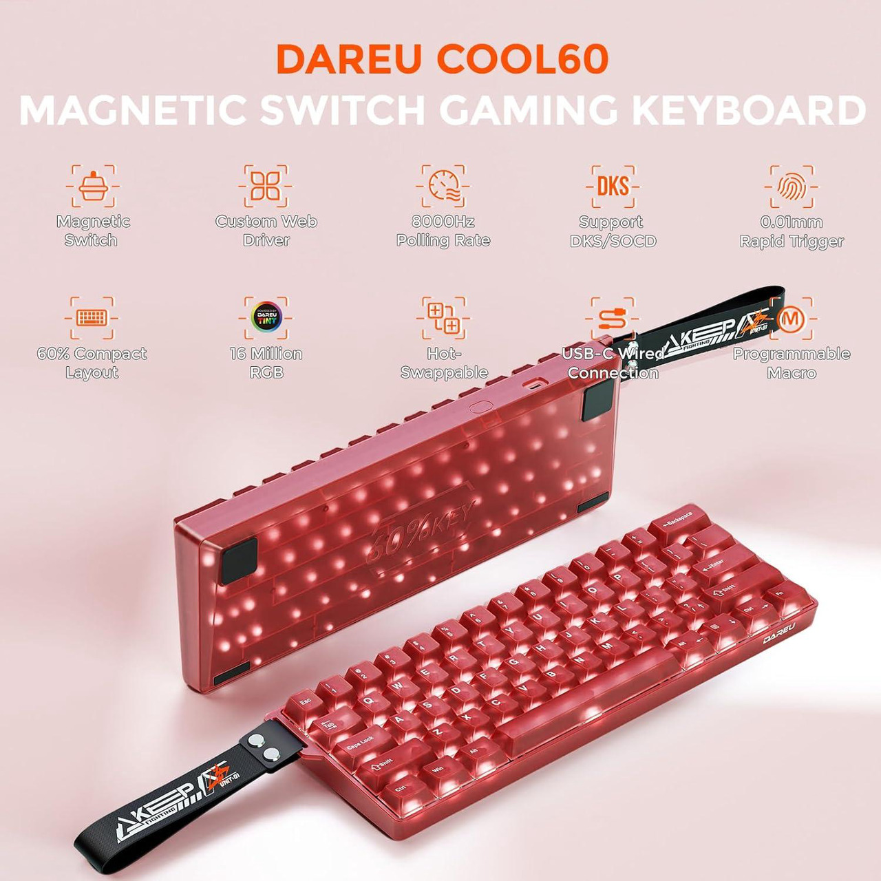 Open Box: DAREU COOL60 60% Hall Effect Gaming Keyboard with Magnetic Switch, SOCD, 0.01mm Actuation Adjustable Rapid Trigger, 8000 Hz Polling, Frosted Transparent Keycaps, Hot-swap, RGB Backlit, Red - Newegg.com - Open Box condition - Image 12