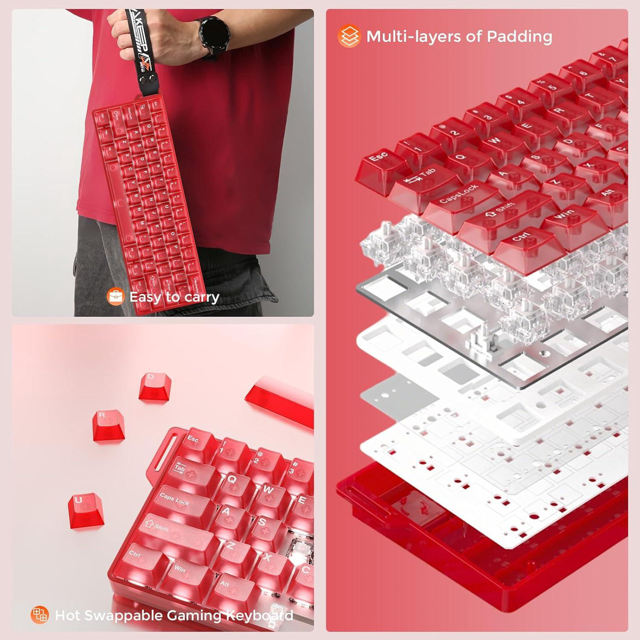 Open Box: DAREU COOL60 60% Hall Effect Gaming Keyboard with Magnetic Switch, SOCD, 0.01mm Actuation Adjustable Rapid Trigger, 8000 Hz Polling, Frosted Transparent Keycaps, Hot-swap, RGB Backlit, Red - Newegg.com - Open Box condition - Image 18