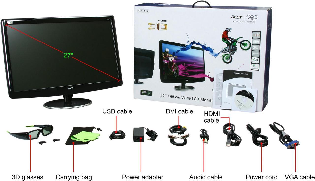 Alt view image 12 of 12 - Acer HN274Hbmiiid Black 27" Full HD HDMI WideScreen LED 120Hz 3D Monitor 300 cd/m2 ACM 10,000,000:1 w/Speakers & 3D glasses