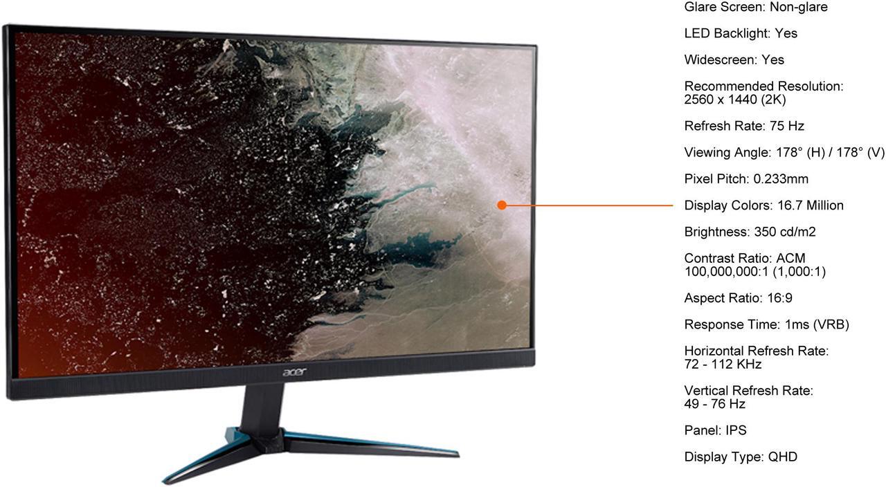 Alt view image 5 of 10 - Acer VG270U bmiipx 27" Quad HD 2560 x 1440 2K 1ms (VRB) 75Hz 2xHDMI DisplayPort AMD FreeSync Built-in Speakers Backlit LED IPS Gaming Monitor