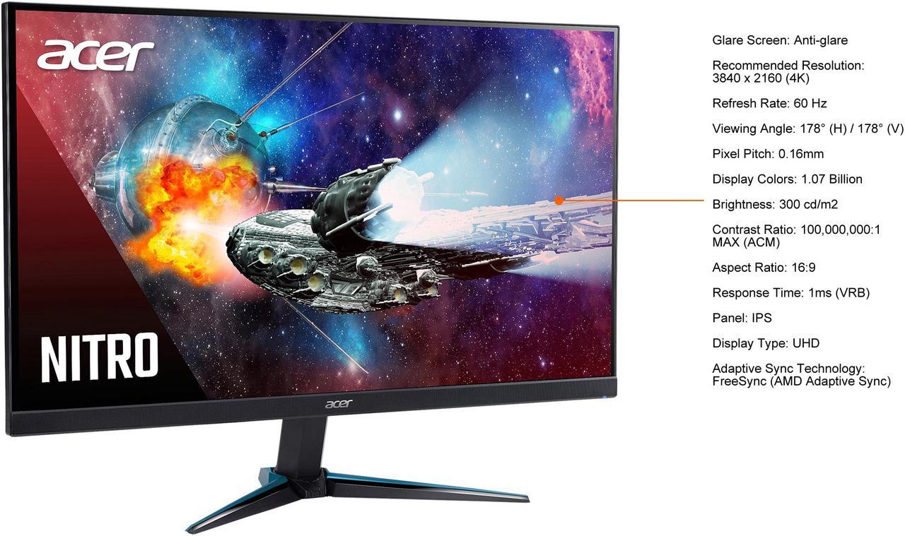 Alt view image 4 of 7 - Acer Nitro VG280K bmiipx 28" IPS 3840 x 2160P 4K 1ms UHD AMD FreeSync HDR 2 x HDMI, DisplayPort, Built-in Speaker Gaming Monitor
