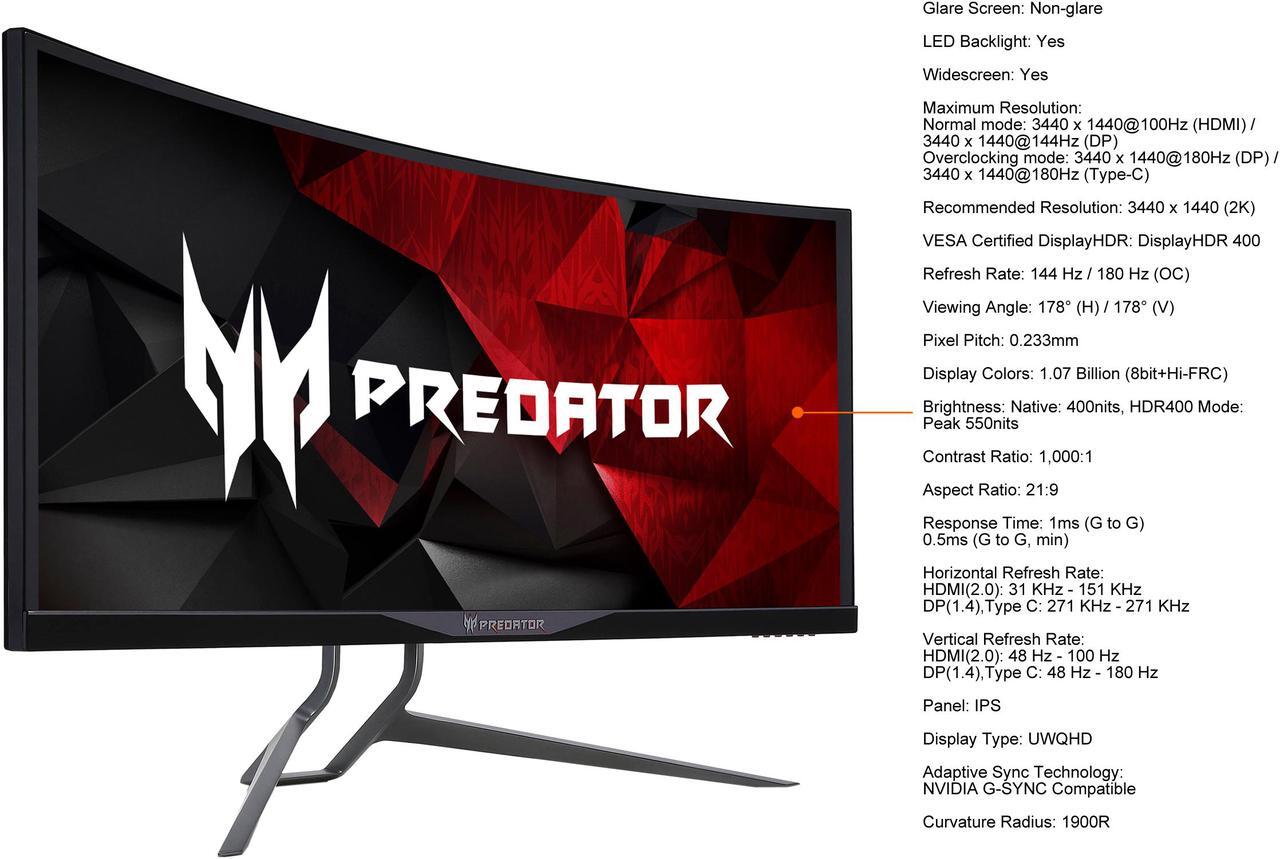 Alt view image 3 of 3 - Acer 34" 144 Hz / 180 Hz (OC) IPS UWQHD Gaming Monitor NVIDIA G-SYNC Compatible 2 x HDMI, 2 x DisplayPort, Type-C, 4 x USB 3.0 Predator X34 GSbmiipphuzx UM.CX0AA.S01