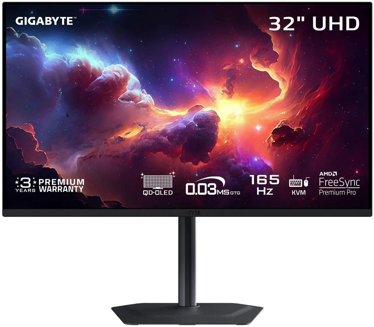 Main image of GIGABYTE - MO32U - 32" QD-OLED Gaming Monitor - UHD 3840x2160 - 165Hz - 0.03ms GTG - AMD FreeSync Premium Pro - Type C KVM - HDMI, DP - Height Adjustable - Black