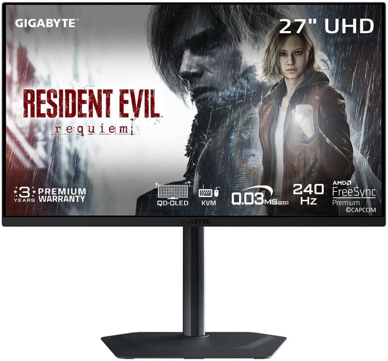 GIGABYTE 27" UHD 4K 240Hz with AMD FreeSync Premium Pro &, G-SYNC Compatible HDR400 USB-C KVM OLED Gaming Monitor with Height adjustable, pivot, tilt and swivel stand MO27U2