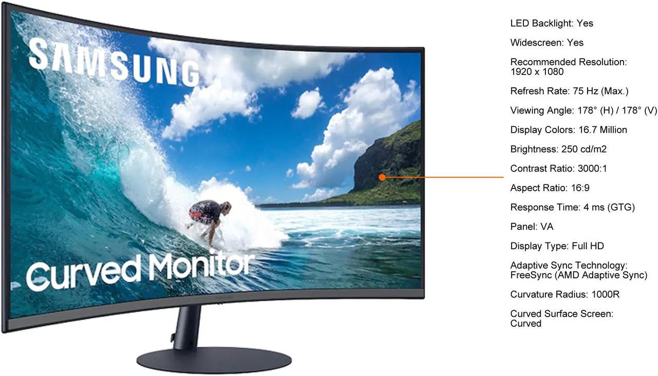 Alt view image 5 of 8 - SAMSUNG T55 Series LC32T550FDNXZA 32" (Actual size 31.5") Full HD 1920 x 1080 75Hz VGA, HDMI, DisplayPort FreeSync (AMD Adaptive Sync) Curved Monitor