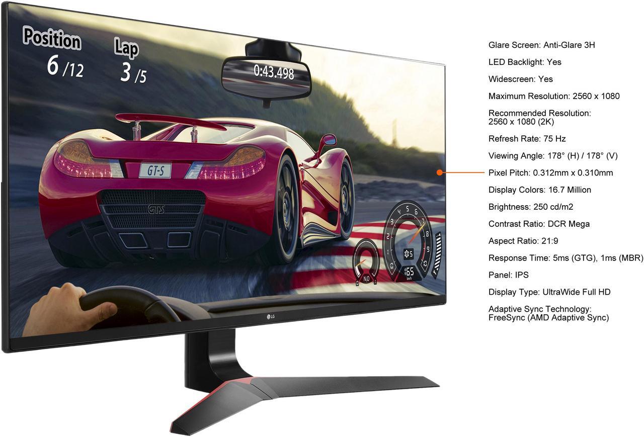 Alt view image 5 of 10 - LG 34UM69G-B 34" Full HD 2560 x 1080 75Hz 1ms DisplayPort USB Type-C AMD FreeSync Built-in Speakers Flicker Safe 21:9 Ultrawide IPS Gaming Monitor