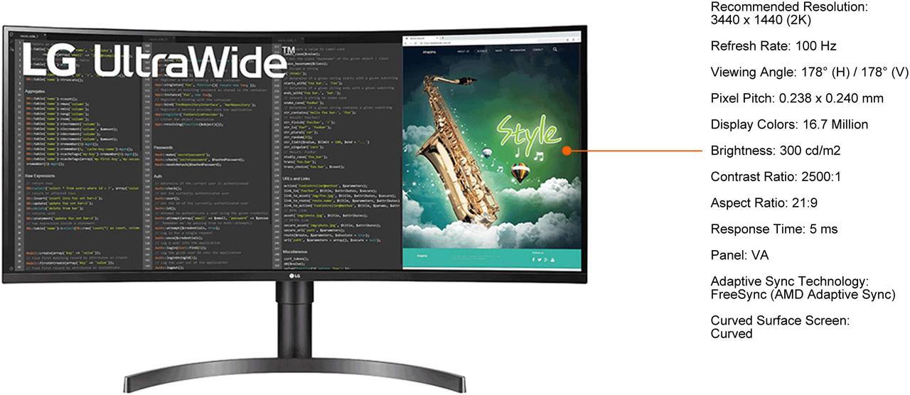 Alt view image 3 of 3 - LG 35WN75C-B 35" 3440 x 1440 (2K) 100 Hz FreeSync (AMD Adaptive Sync) Built-in Speakers Curved Monitor