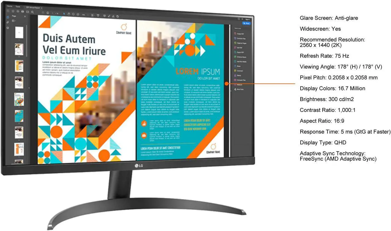 Alt view image 5 of 7 - LG 24" 24QP500-B 2560 x 1440 QHD 2K IPS 75Hz HDR10 AMD FreeSync HDMI DisplayPort VESA Tilt Monitor