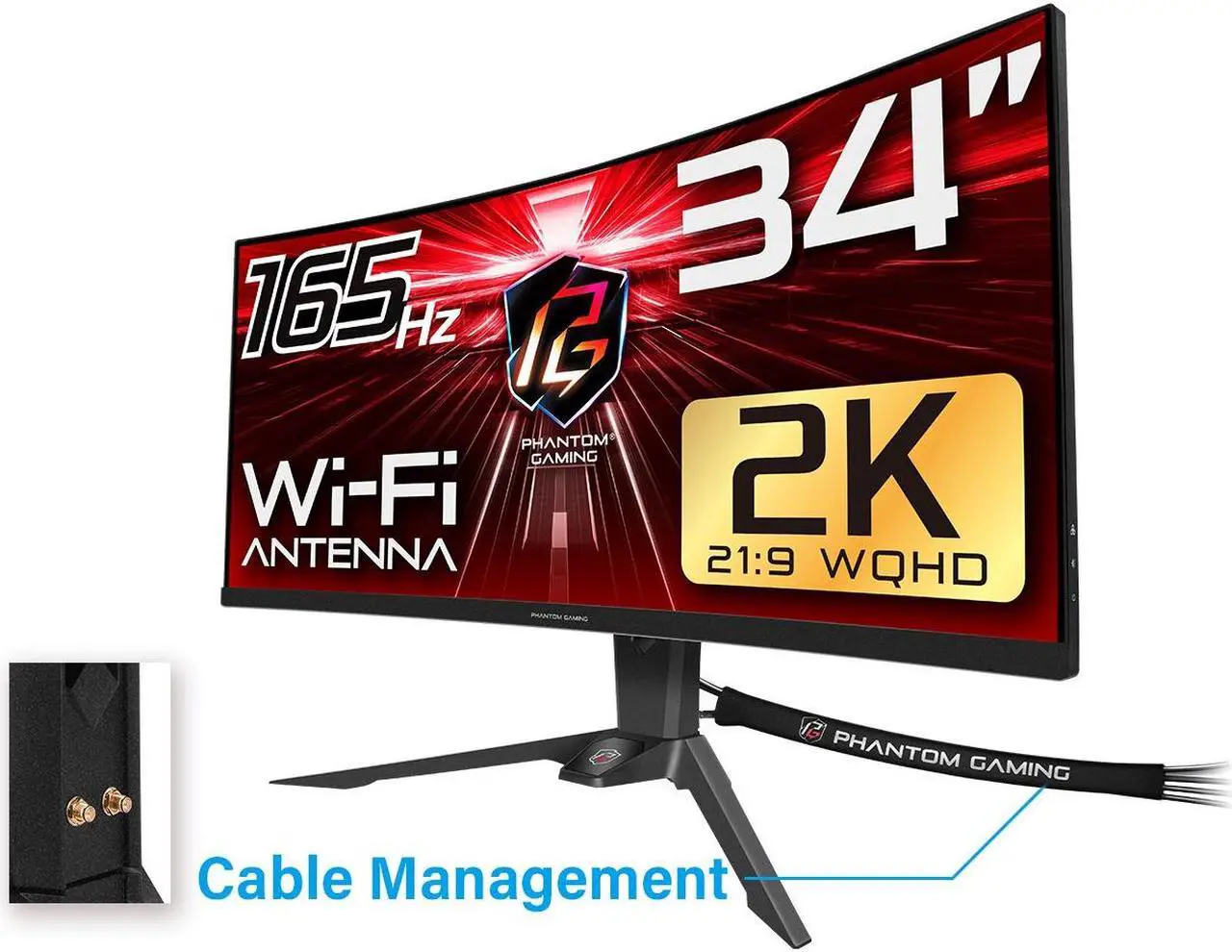 Alt view image 4 of 9 - ASRock PHANTOM GAMING 34" 2K (3440 x 1440) 165Hz/1ms (144Hz and higher) Wi-Fi Antenna FreeSync Curved Gaming Monitor, 2*HDMI, 1*DisplayPort, (PG34WQ15R2B)