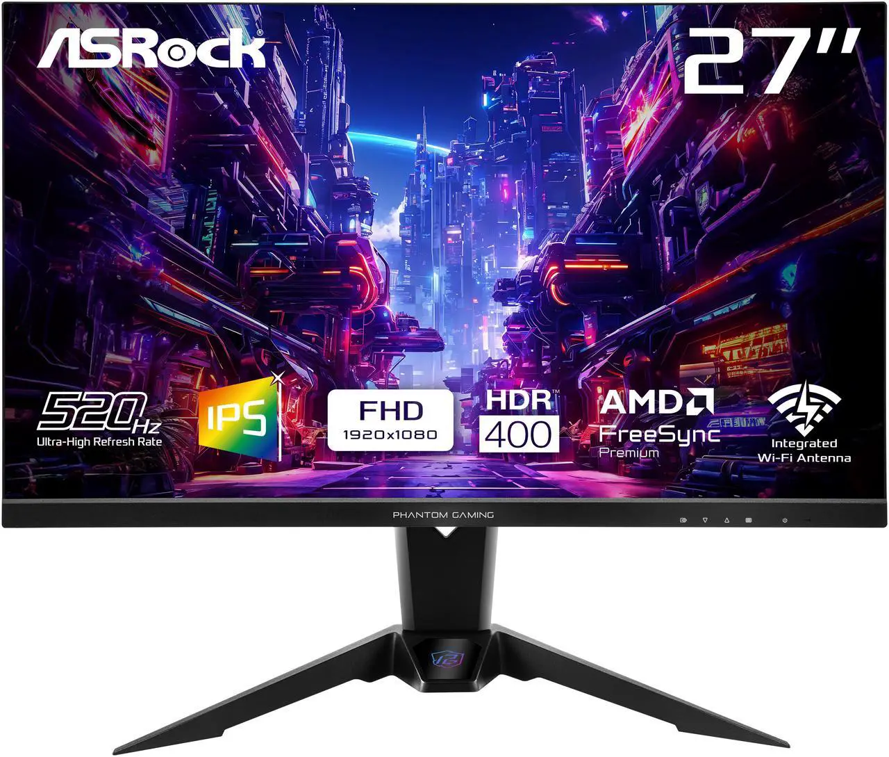 ASRock Phantom Gaming 27" Full HD 520Hz IPS  with AMD FreeSync Premium HDR400, built-in Wi-Fi Antenna Gaming Computer Monitor with Height Adjustable, Pivot, Swivel & Tilt stand PG27FFX2A