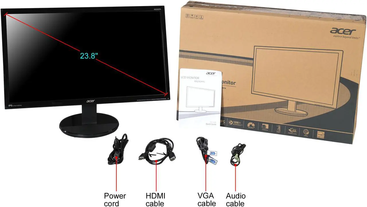 Alt view image 9 of 8 - Acer KN242HYL 23.8" Full HD 1920 x 1080 60Hz DVI HDMI VGA Built-in Speakers WideScreen Backlit LED IPS LCD Monitor