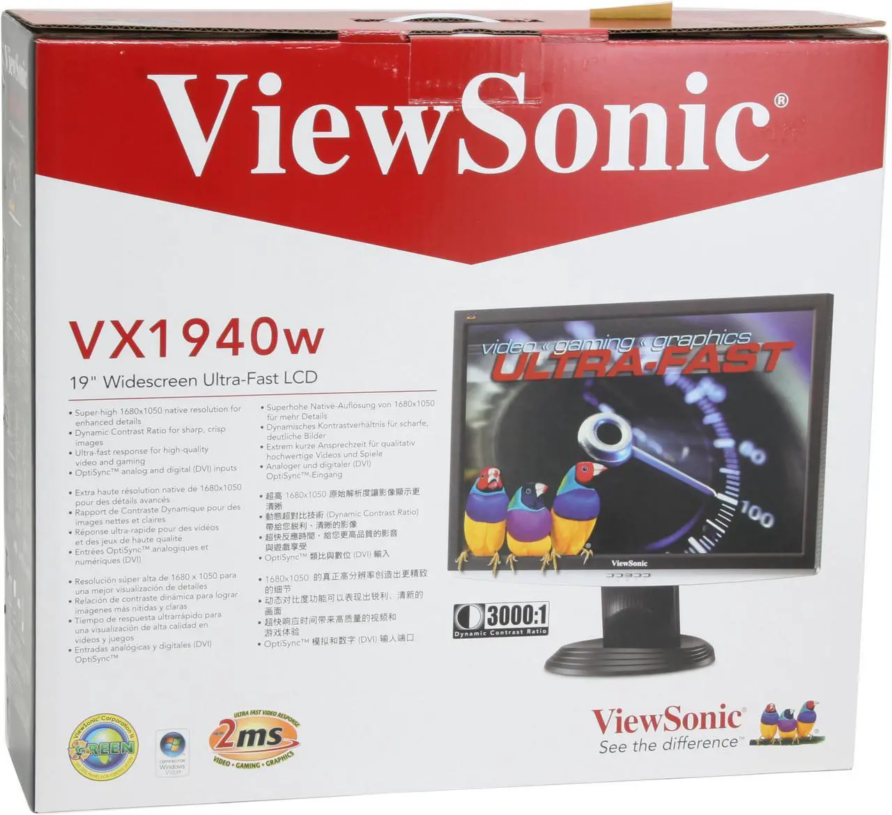 Alt view image 12 of 12 - ViewSonic X Series VX1940w Black&Silver 19" 2ms(GTG)  Super High Resolution 1680x1050 DVI Widescreen LCD Monitor 300 cd/m2 1000:1 static (typ), 3000:1 dynamic (typ)