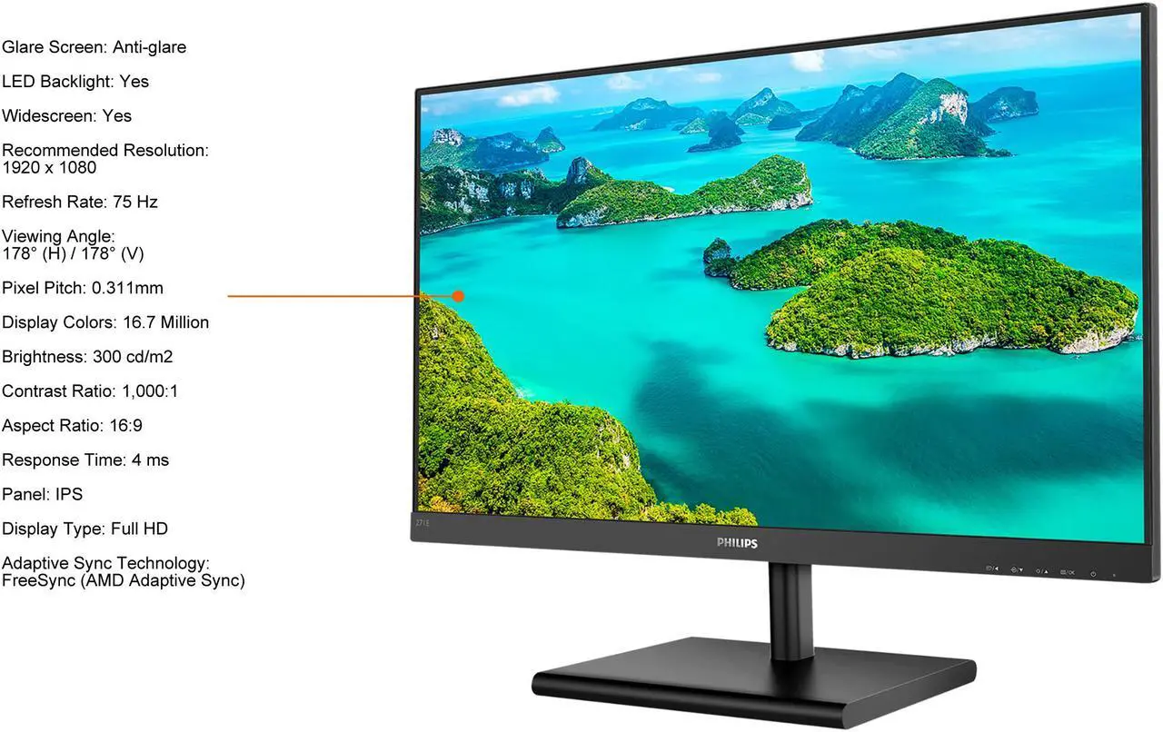 Alt view image 4 of 7 - PHILIPS 271E1S 27" Full HD 1920 x 1080 75Hz IPS AMD FreeSync, VGA HDMI VESA Tilt Monitor