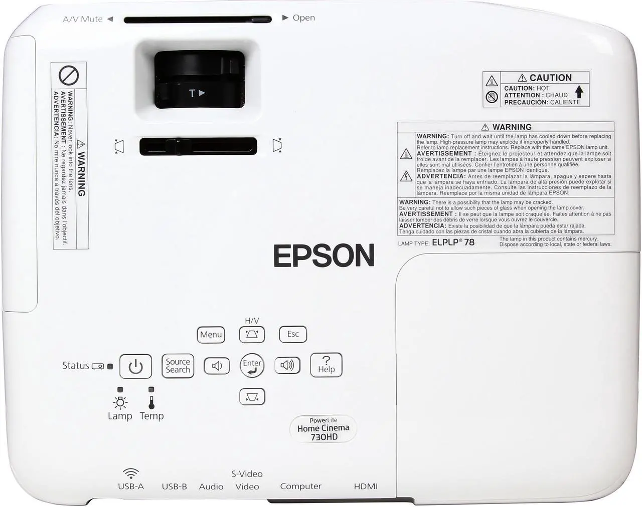 Alt view image 6 of 8 - Epson PowerLite Home Cinema 730HD 1280x800 WXGA 3000 ANSI Lumens, 16:10 Aspect Ratio, HDMI/VGA Inputs, Kensington Security, Keystone Correction, 3LCD Projector